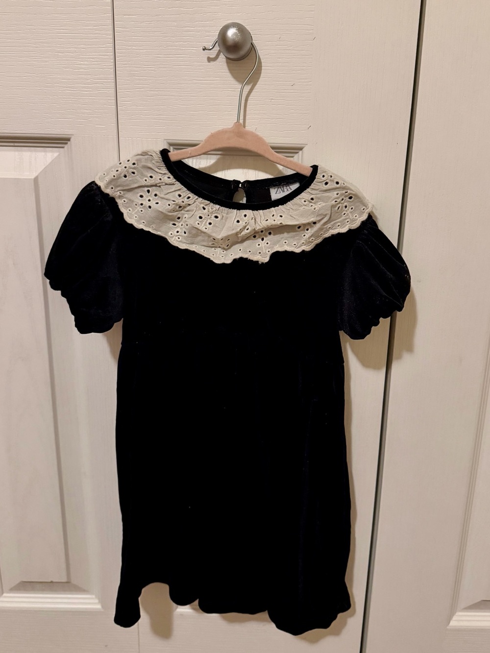 Zara Black Velvet Dress with Cream Eyelet Collar